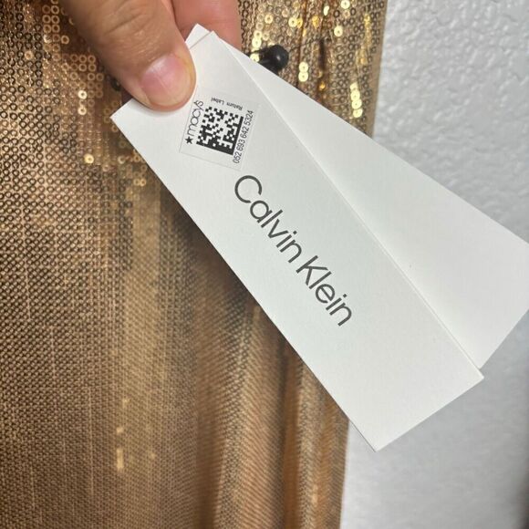 Calvin Klein Womens Sheath Dress Gold Sequined SZ 16 Sleeveless Lined Round Neck - Picture 10 of 13